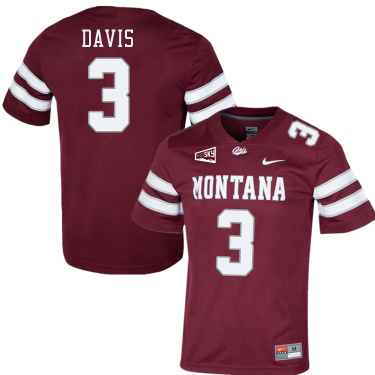 Montana Grizzlies #3 Brooks Davis College Football Jerseys Stitched Sale-Maroon